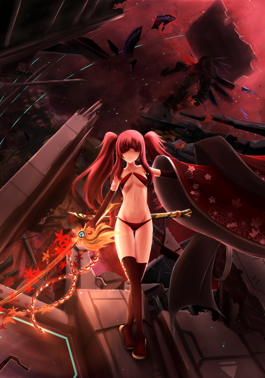1girl, absurdres, bikini, character_request, dark_falz, highres, leaf, long_hair, maple_leaf, phantasy_star, phantasy_star_online_2, phoenix_2010, red_eyes, redhead, solo, swimsuit, sword, thigh-highs, twintails, weapon