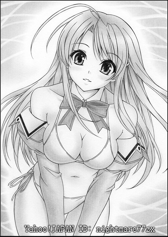 1girl, bikini, detached_collar, detached_sleeves, long_hair, monochrome, nightmare77zx, pia_carrot_(series)