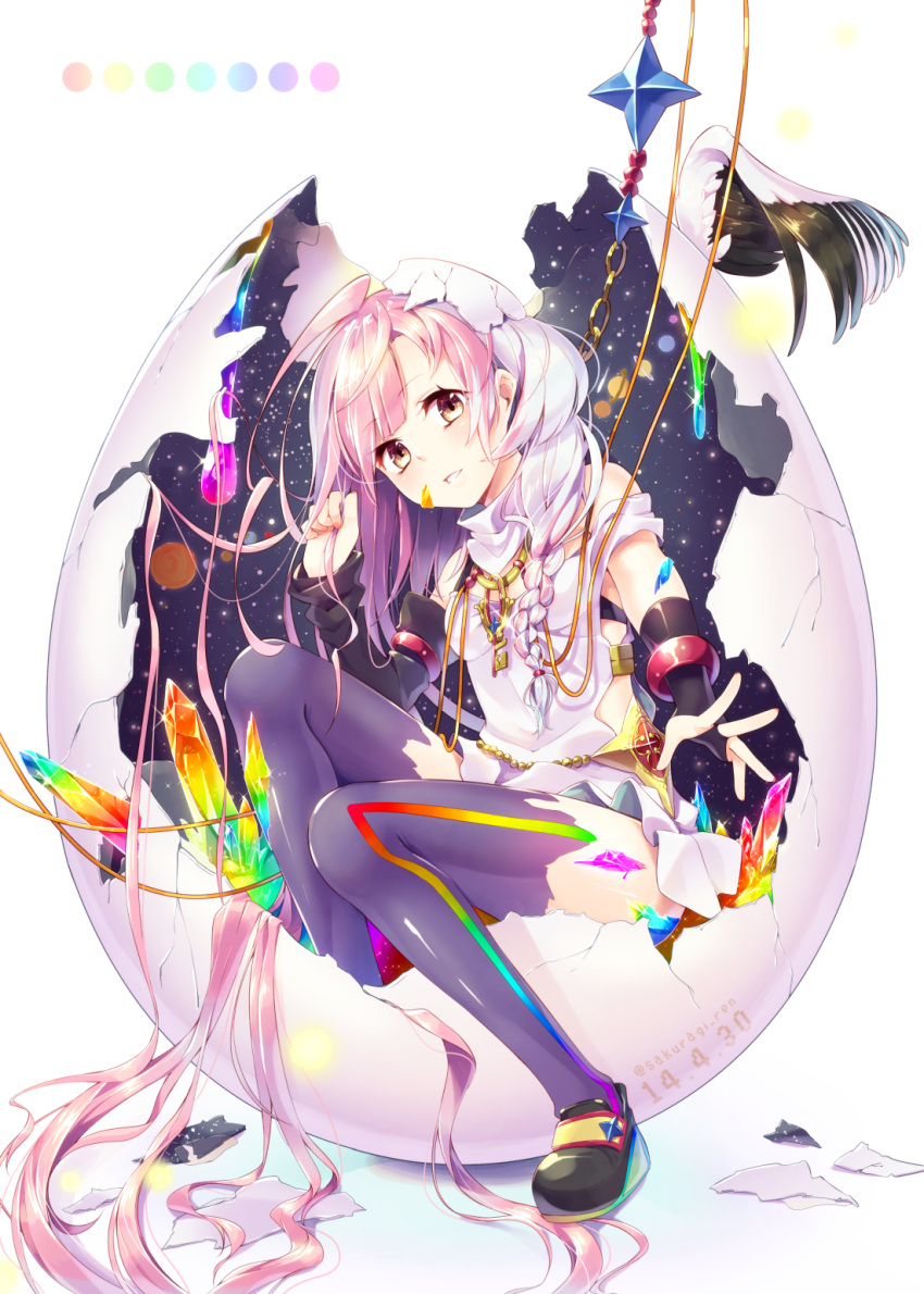 1girl, artist_name, braid, chain, dated, egg, fingerless_gloves, gloves
