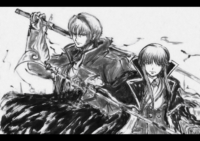 1boy, androgynous, cape, coat, cravat, highres, letterboxed, long_hair, monochrome, neoamon, serious, staff, sword, umineko_no_naku_koro_ni, ushiromiya_lion, weapon, willard_h_wright