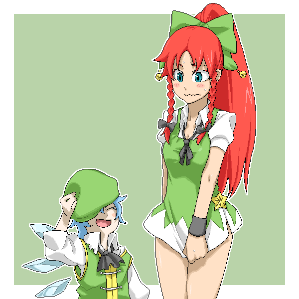 alternate_color, blue_hair, blush, bow, braid, cirno, cosplay, costume_switch, covering, covering_crotch, dress, dress_tug, embarrassed, hair_bow, hong_meiling, laughing, long_hair, multiple_girls, oekaki, poketto, red_hair, redhead, short_dress, short_hair, touhou, twin_braids, wings, wristband