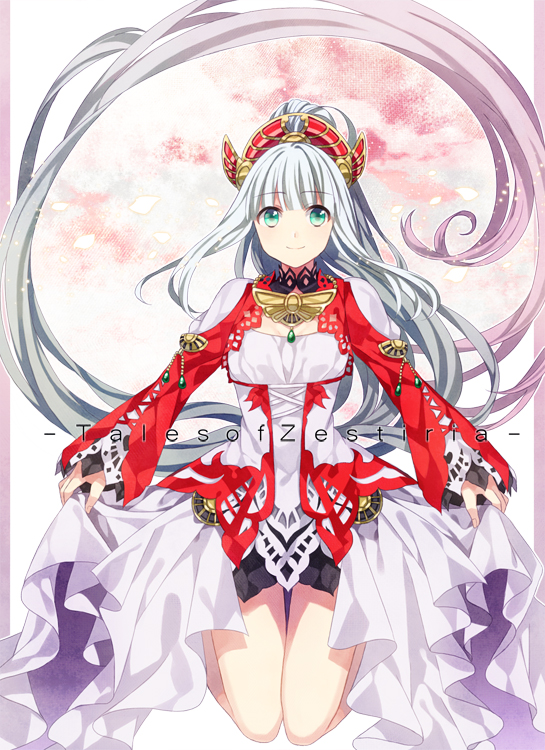 1girl, copyright_name, dress, frills, green_eyes, hairband, kneeling, laila_(tales)