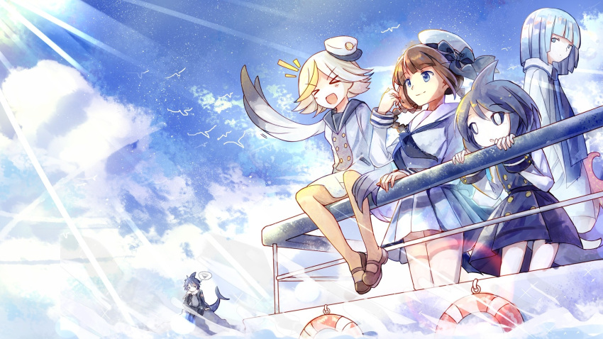 2boys, 3girls, androgynous, bisonbison, blonde_hair, blue_eyes, blue_hair, braid