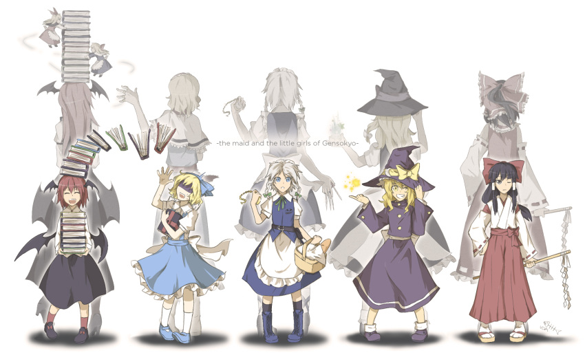 6+girls, alice_margatroid, alice_margatroid_(pc-98), basket, black_hair, blonde_hair, blue_eyes, book