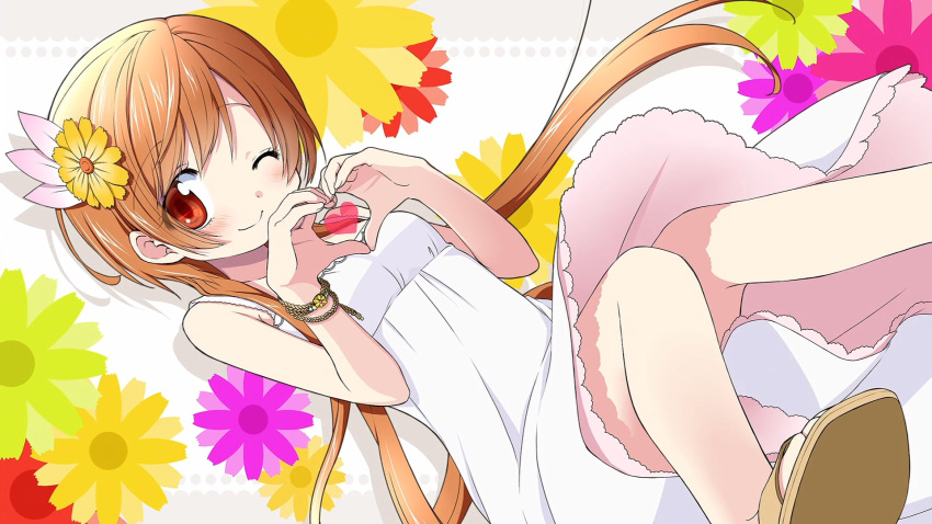 ;), aoki_ume, brown_hair, dress, end_card, eyepatch, flower, hair_flower