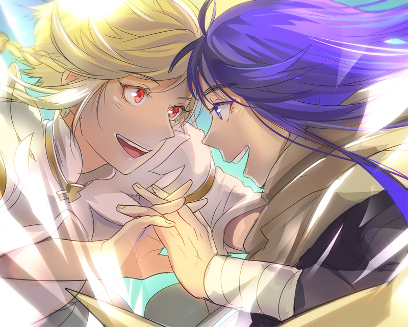 1boy, 1girl, blonde_hair, blue_eyes, blue_hair, boris_jinneman, children_of_the_rune, couple