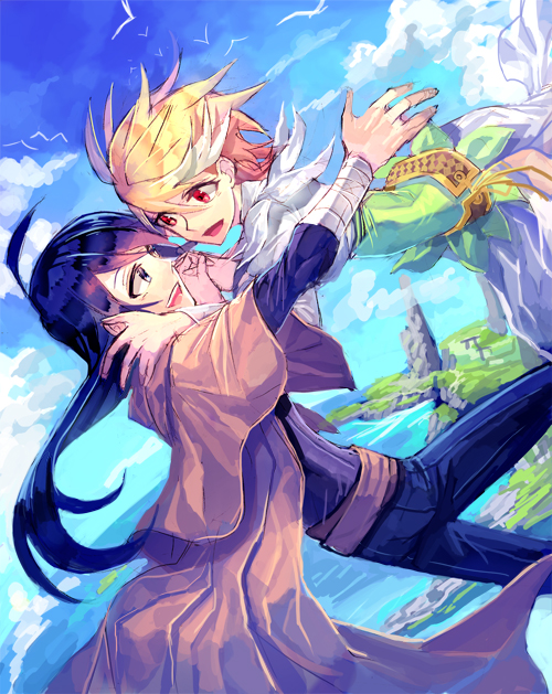 1boy, 1girl, 369minmin, blonde_hair, blue_eyes, blue_hair, boris_jinneman, children_of_the_rune