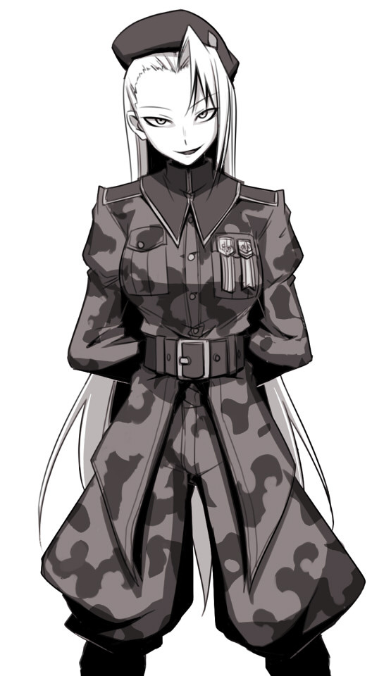 1girl, camouflage, camouflage_pants, hat, hetza_(hellshock), long_hair, looking_at_viewer, military