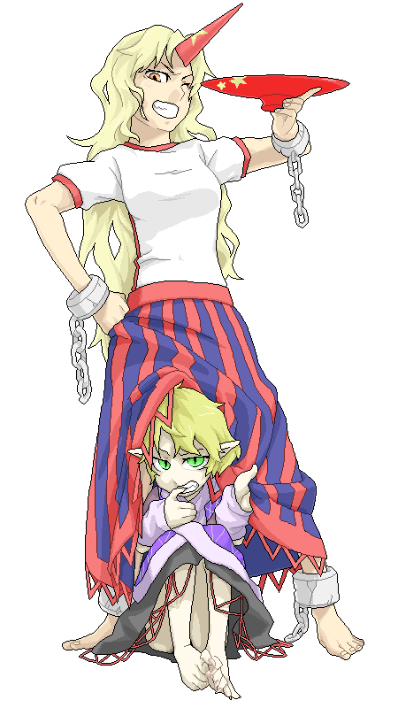 chains, hand_on_hip, horn, horns, hoshiguma_yuugi, long_skirt, mizuhashi_parsee, poketto