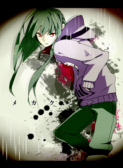 1girl, green_hair, hands_in_pockets, hoodie, kagerou_project, kido_tsubomi, long_hair, red_eyes, solo, teharu_(aosabumo)