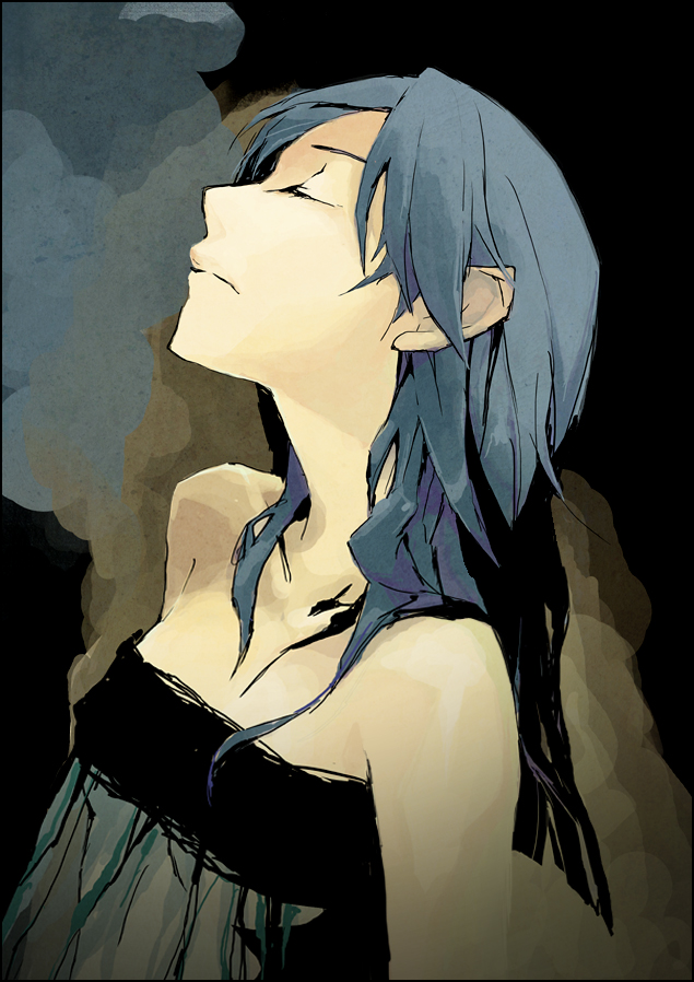 1girl, bare_shoulders, blue_hair, bust, closed_eyes, collarbone, dress, idolmaster, juu_(juuzi), kisaragi_chihaya, long_hair, solo, strapless_dress