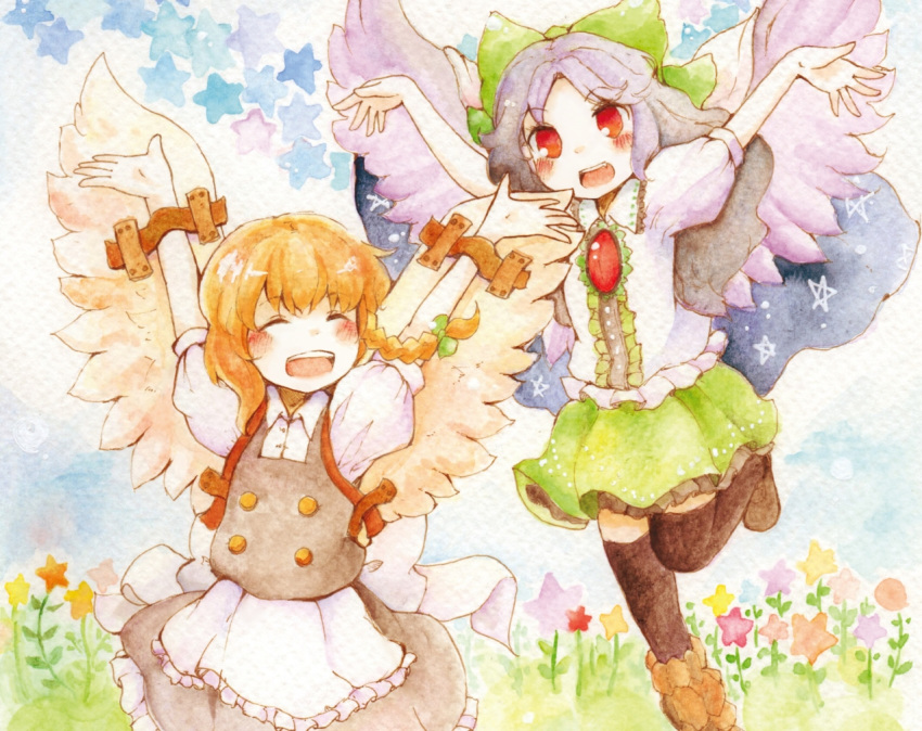 2girls, apron, arms_up, black_hair, black_legwear, black_skirt, blonde_hair, blush
