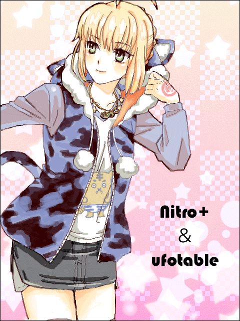 1girl, ahoge, blonde_hair, command_spell, cosplay, fate_(series), green_eyes, headphones