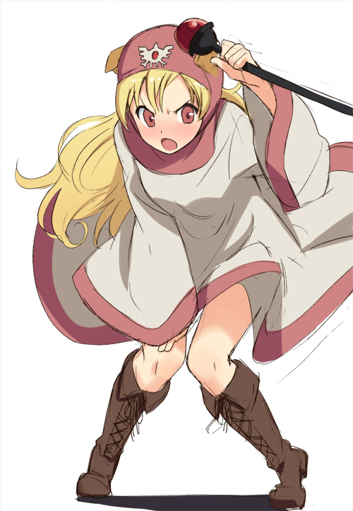 1girl, blonde_hair, blush, boots, covering, dragon_quest, dragon_quest_ii, full_body