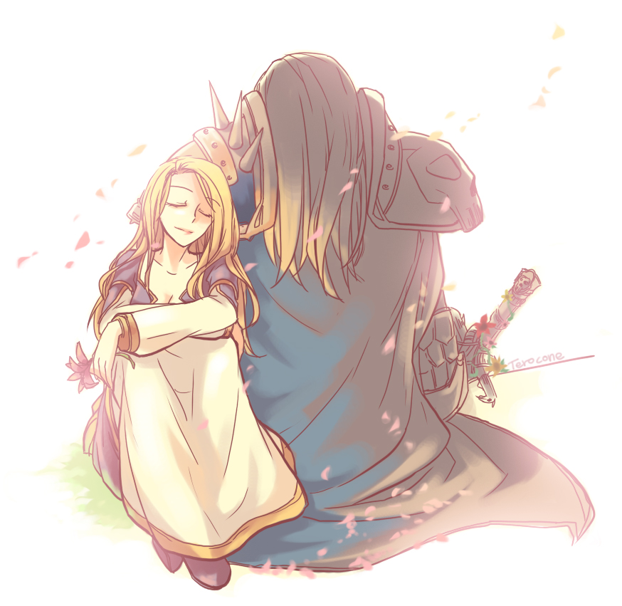 armor, arthas_menethil, blonde_hair, cape, couple, death_knight, dress, closed_eyes