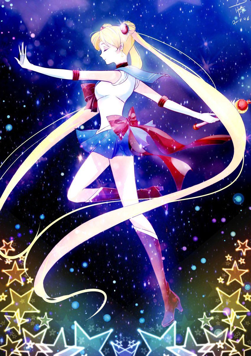 absurdres, bishoujo_senshi_sailor_moon, blue_skirt, closed_eyes, cutie_moon_rod, dated, double_bun, elbow_gloves