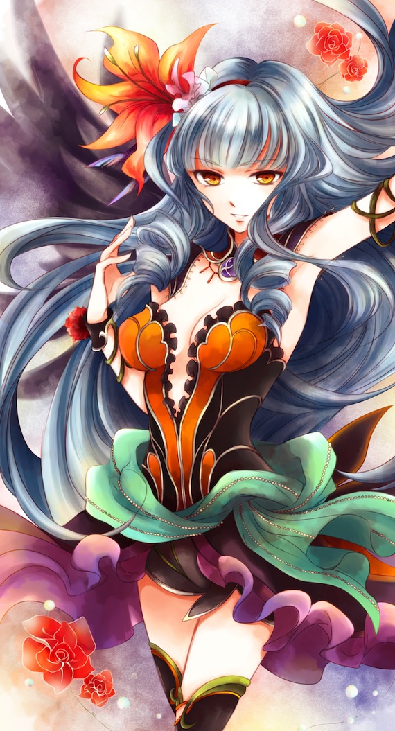 1girl, armpits, blue_hair, chino_(elfuun-78), curly_hair, detached_collar, flower, hair_flower, hair_ornament, hairband, long_hair, orange_eyes, red_rose, rocbouquet, romancing_saga_2, rose, saga, skirt, smile, solo, thigh-highs