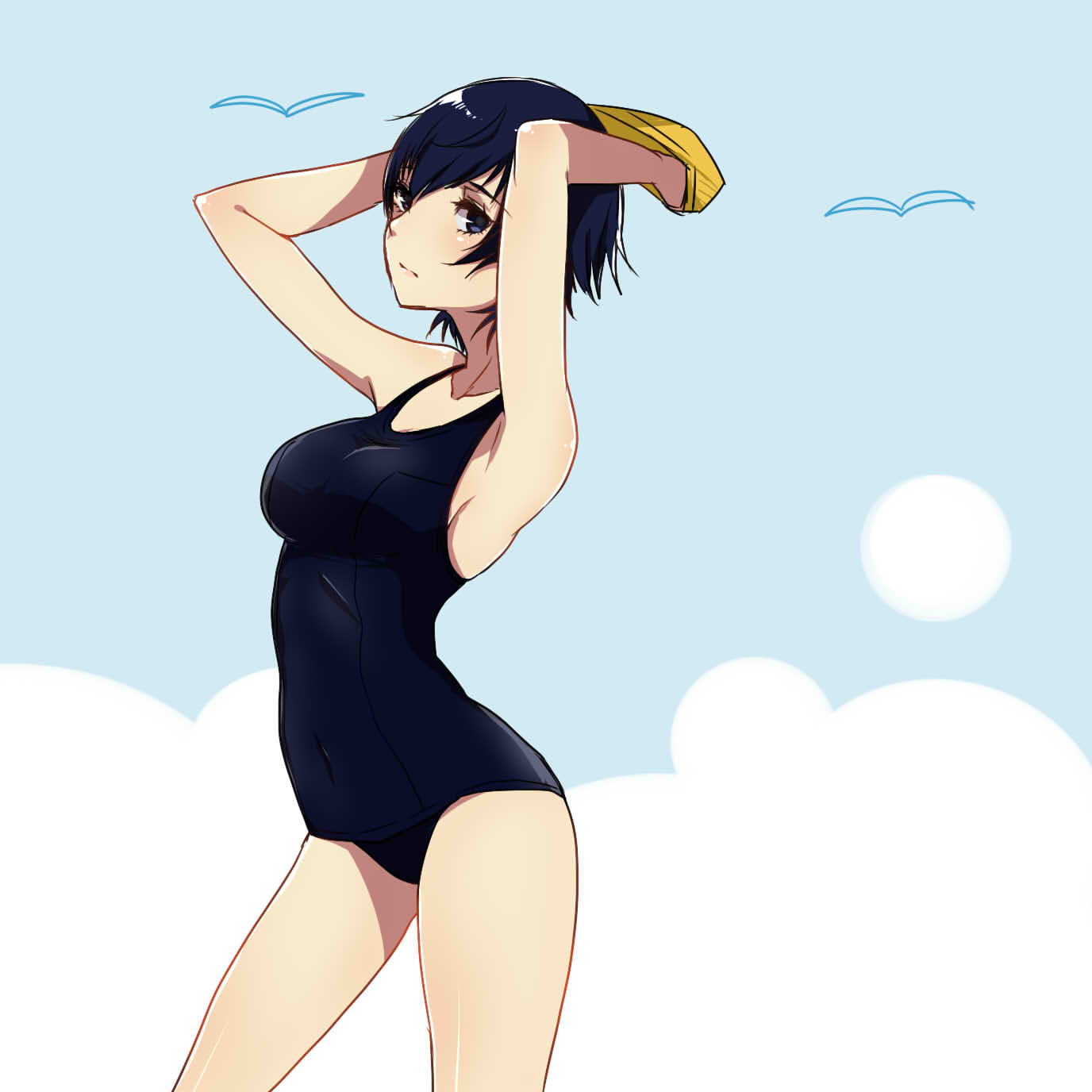 1girl, alternate_costume, blue_eyes, blue_hair, breasts, highres, iketsuko, large_breasts