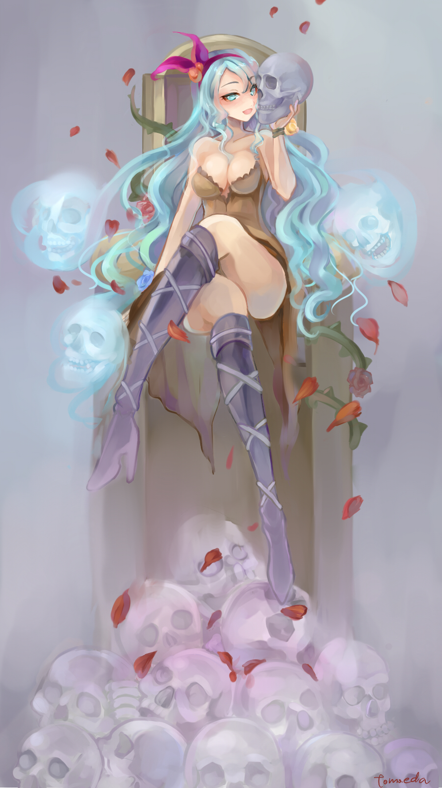 1girl, blue_eyes, blue_hair, boots, bracelet, breasts, brown_skirt, cleavage, crossed_legs, dress, flower, grey_background, hairband, highres, jewelry, knee_boots, long_hair, monster_girl, red_rose, rocbouquet, romancing_saga_2, rose, saga, signature, sitting, skirt, skull, smile, solo, strapless_dress, tomoeda_(ultimate_fools), vines