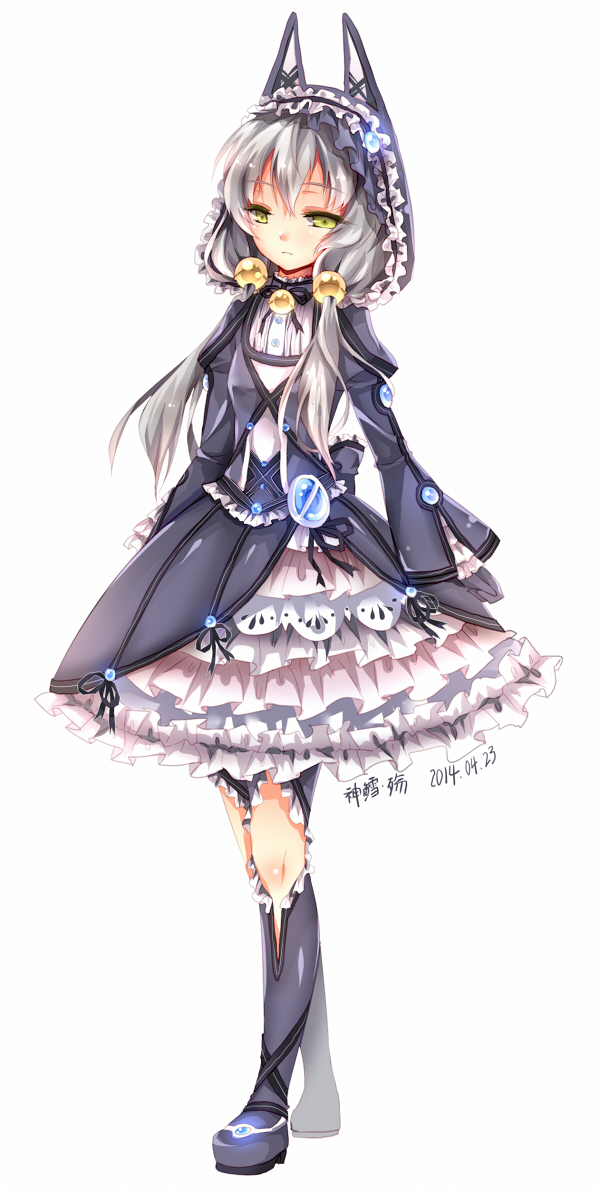 1girl, 2014, altina_orion, animal_ears, boots, dated, dress, eiyuu_densetsu, expressionless, flat_gaze, fox_ears, frills, gothic_lolita, green_eyes, grey_hair, hair_over_shoulder, hood, knee_boots, lolita_fashion, long_hair, sen_no_kiseki, sen_no_kiseki_2, signature, solo, standing, twintails, white_background, willfin