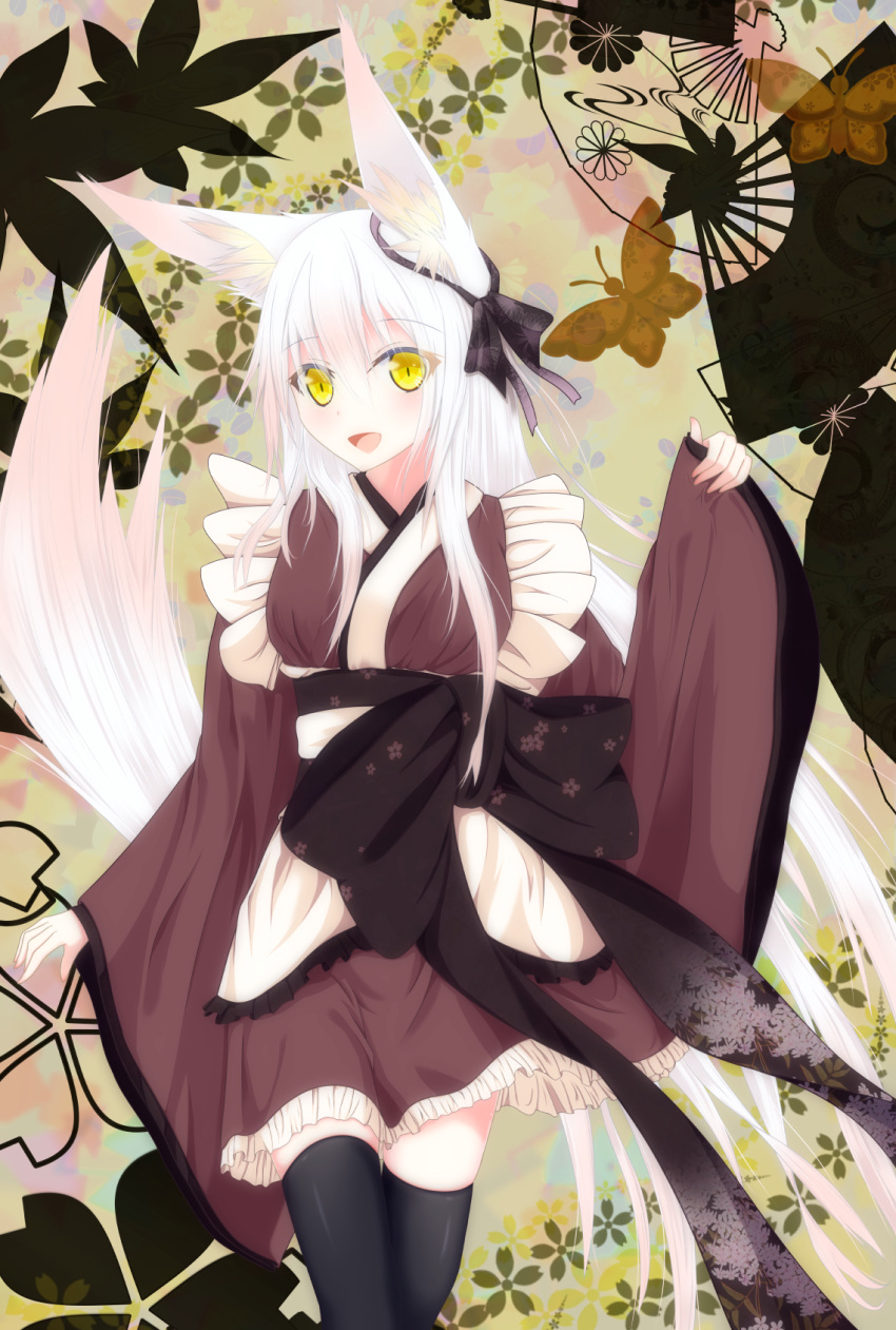 1girl, :d, animal_ears, butterfly, ear_ribbon, fan, floral_background, folding_fan