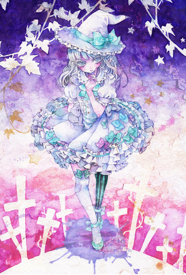1girl, aqua_shoes, arm_garter, asymmetrical_clothes, asymmetrical_legwear, colored_eyelashes, cross, dress, frilled_dress, frills, full_body, gradient, gradient_background, hat, hat_ribbon, leaf, miri_(tobira_no_mukou), no_nose, original, petticoat, ribbon, solo, striped, striped_legwear, thigh-highs, traditional_media, vertical-striped_legwear, vertical_stripes, vines, walking, watercolor_(medium), white_dress, white_hair, witch, witch_hat, zettai_ryouiki