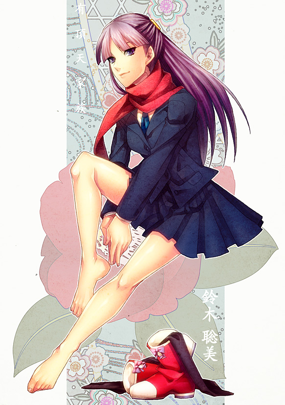 1girl, barefoot, benten-sama_(uchouten_kazoku), character_name, copyright_name, floral_print, furu_(retr0e), purple_hair