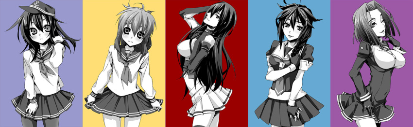 5girls, ahoge, akatsuki_(kantai_collection), bare_shoulders, black_hair, braid, breasts, elbow_gloves