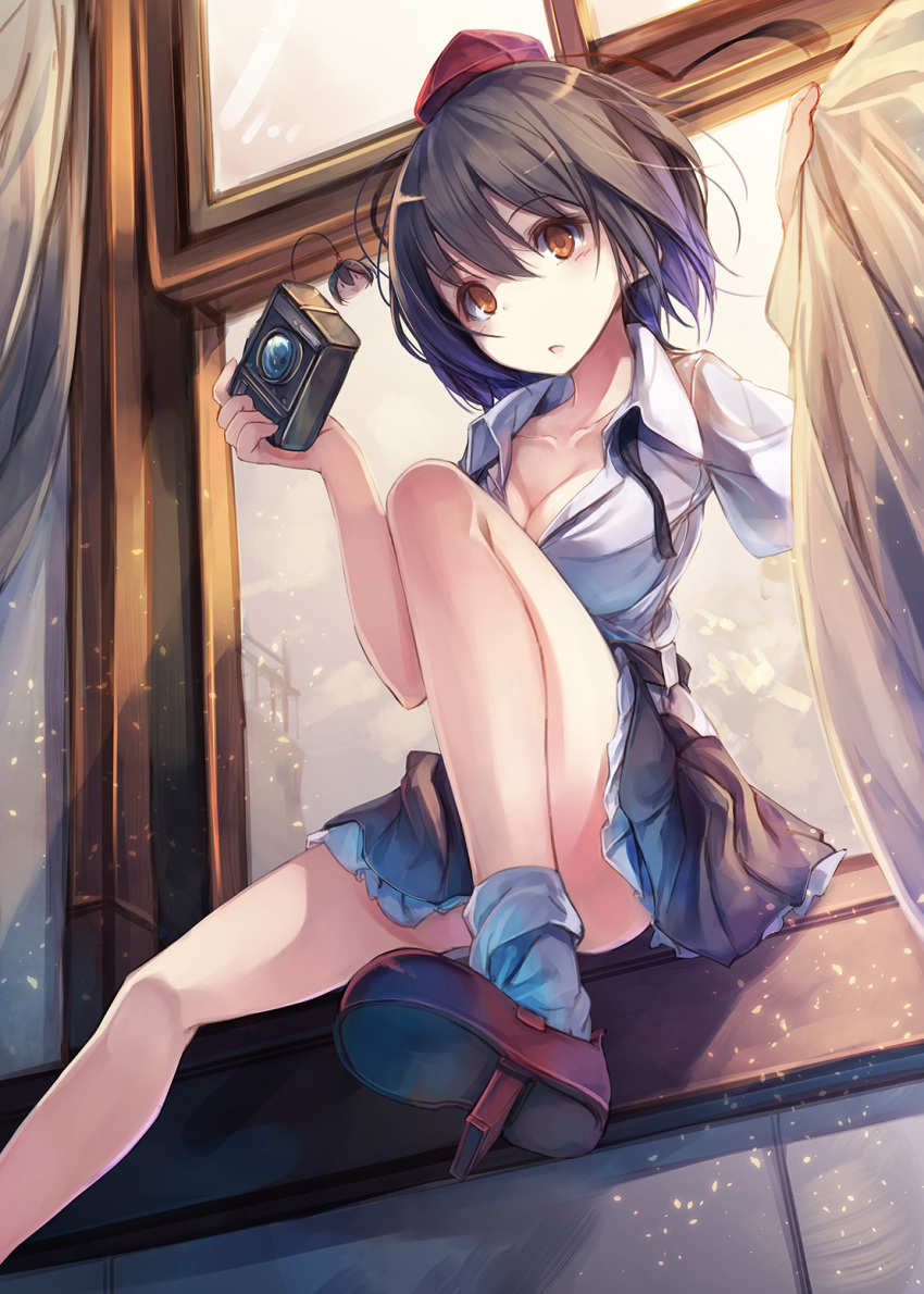 1girl, bare_legs, black_hair, breasts, brown_eyes, camera, cleavage, collarbone