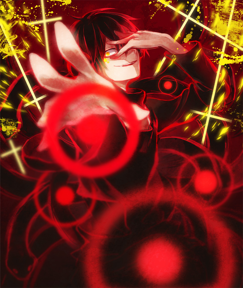 1boy, black_hair, choker, crazy_smile, cross, dark_konoha, dark_persona, eim_(gaziko)