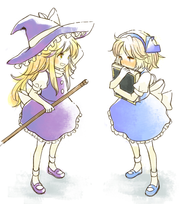 2girls, alice_margatroid, alice_margatroid_(pc-98), blonde_hair, blue_skirt, blush, book, broom