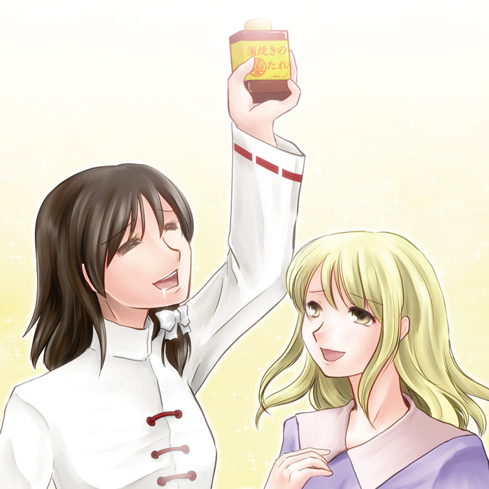 2girls, blonde_hair, bottle, bow, brown_hair, closed_eyes, dress, drooling