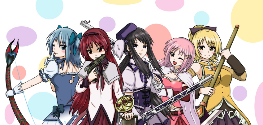 5girls, ;d, ;p, adapted_costume, akemi_homura, akemi_homura_(cosplay), alternate_costume, alternate_hairstyle, athyra, back_cutout, beret, black_hair, blonde_hair, blue_eyes, blue_hair, blush, bow, breasts, cape, cosplay, costume_switch, gloves, gun, hair_bow, hair_ornament, hair_ribbon, hairband, hat, kaname_madoka, kaname_madoka_(cosplay), long_hair, looking_at_viewer, magical_girl, mahou_shoujo_madoka_magica, miki_sayaka, miki_sayaka_(cosplay), multiple_girls, musical_note, one_eye_closed, open_mouth, pink_eyes, pink_hair, pistol, polearm, ponytail, red_eyes, redhead, ribbon, rifle, sakura_kyouko, sakura_kyouko_(cosplay), shield, short_hair, short_twintails, skirt, smile, soul_gem, spear, tomoe_mami, tomoe_mami_(cosplay), tongue, twintails, violet_eyes, weapon, wink, yellow_eyes