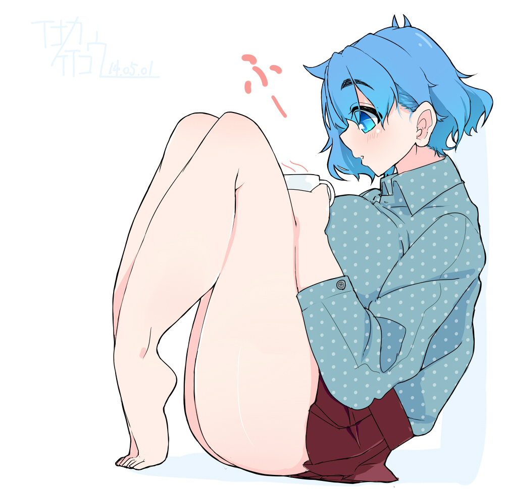 1girl, bare_legs, barefoot, blue_eyes, blue_hair, breasts, cup, inaka_keikou