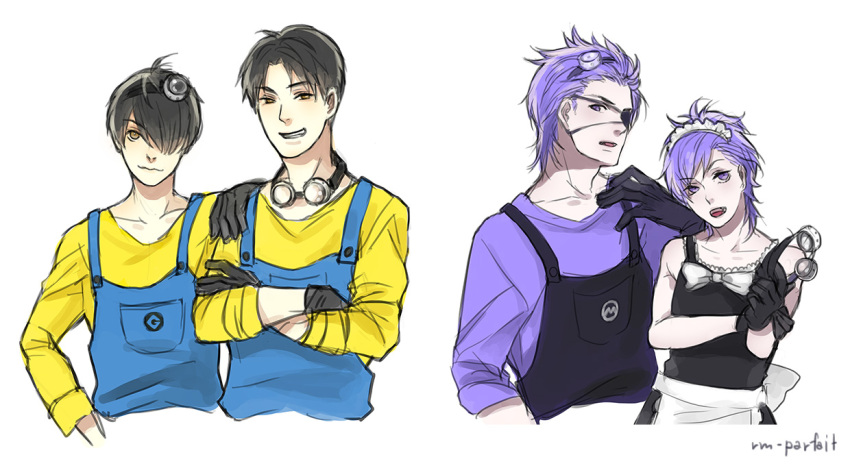 black_hair, brown_eyes, despicable_me, eyepatch, fangs, gloves, goggles, goggles_on_head, hair_over_one_eye, maid, minion_(despicable_me), overalls, personification, purple_hair, purple_shirt, rm-parfait, violet_eyes, yellow_shirt