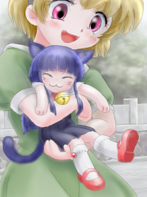 :3, blonde_hair, blush, chibi, dress, fang, higurashi_no_naku_koro_ni, knee_highs