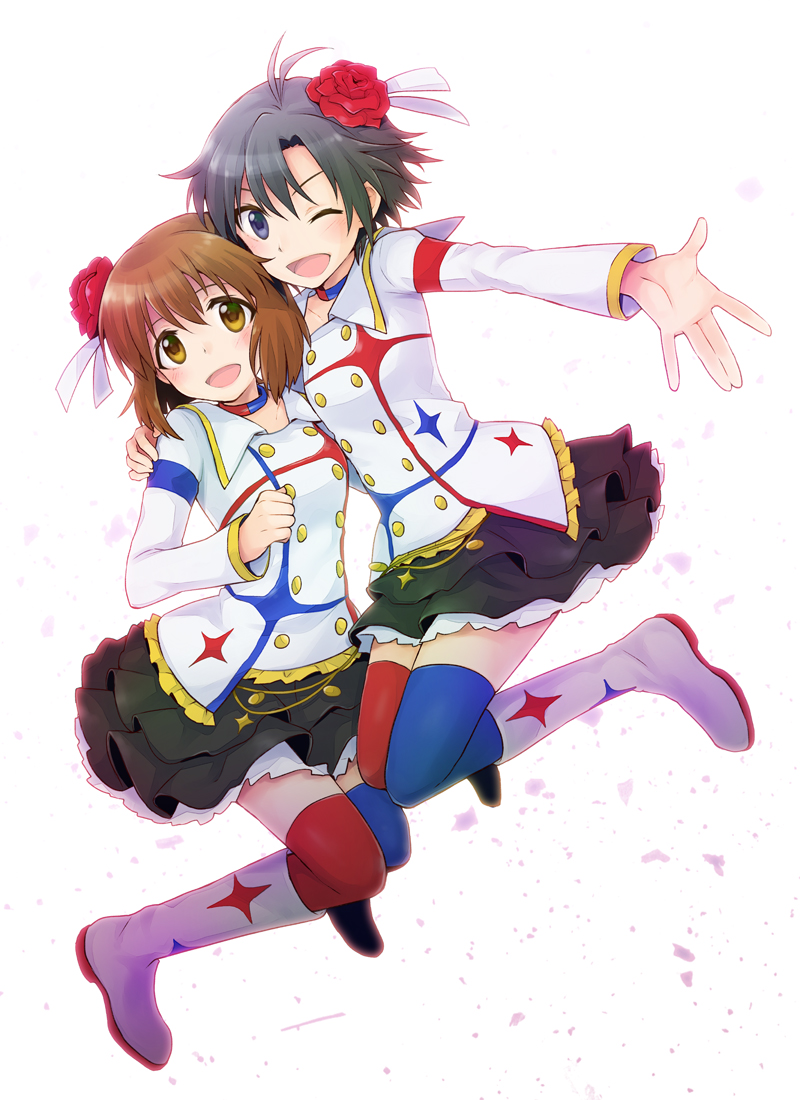 2girls, :d, ;d, ahoge, black_eyes, black_hair, brown_eyes, brown_hair