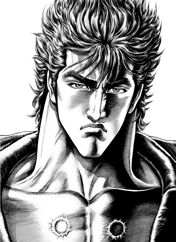 1boy, black_hair, bust, eyebrows, face, hara_tetsuo, hokuto_no_ken, kenshirou, male, monochrome, official_art, scar, thick_eyebrows