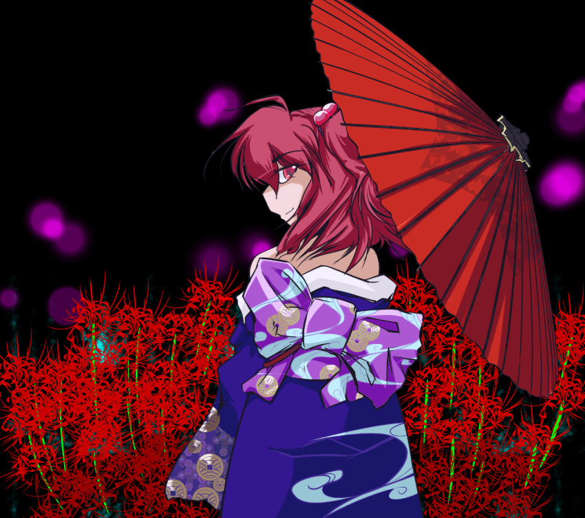flower, hair_ornament, hayashitsu, japanese_clothes, kimono, looking_at_viewer, looking_back, obi, off_shoulder, onozuka_komachi, oriental_umbrella, red_eyes, redhead, sash, smile, spider_lily, touhou, twintails, umbrella