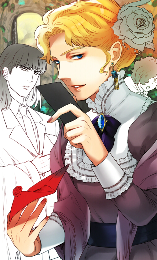 2boys, blonde_hair, card, crossdressinging, dorian_red_gloria, dress, eroica_yori_ai_o_komete, klaus_heinz_von_dem_eberbach