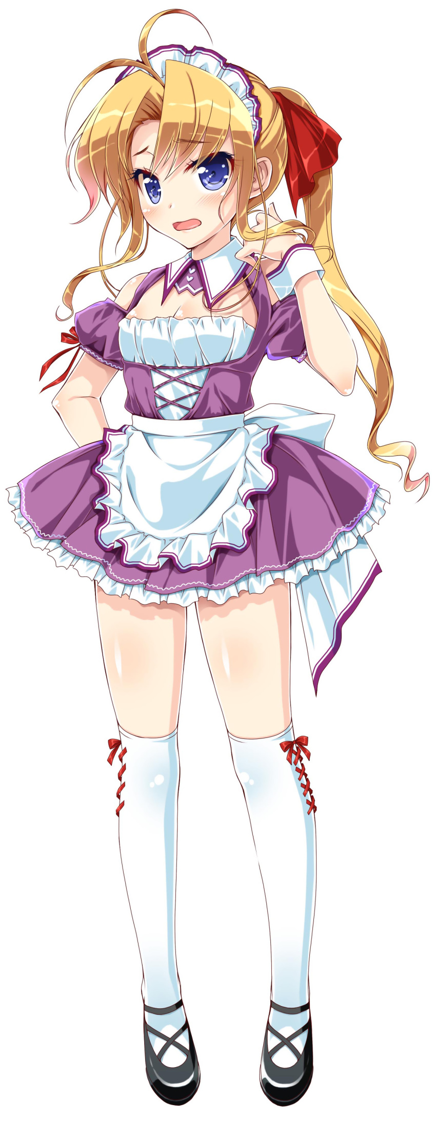 1girl, absurdres, adjusting_hair, apron, artist_request, blonde_hair, blue_eyes, blush