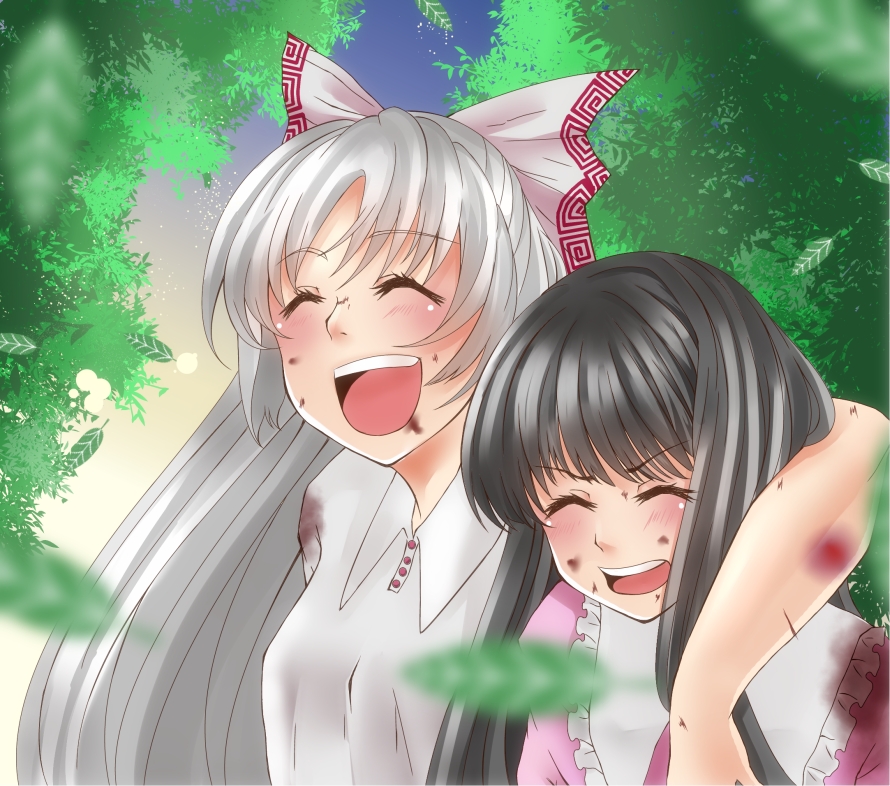 2girls, ^_^, arm_around_neck, black_hair, blood, blood_on_face, bloody_clothes, bow