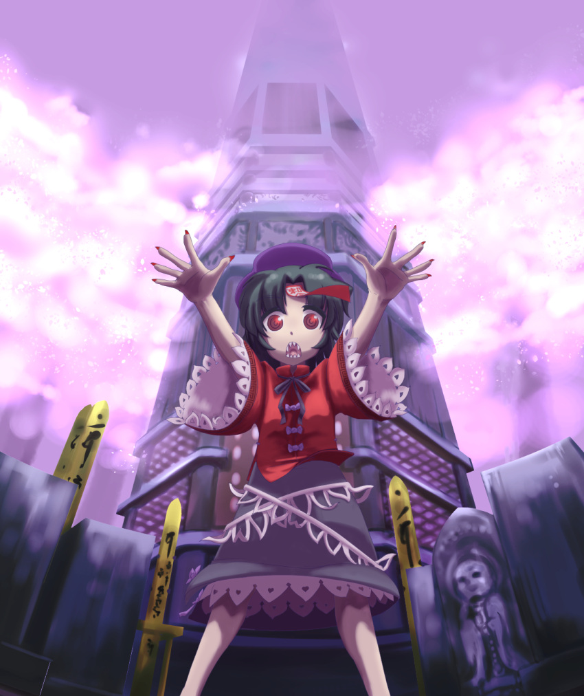 1girl, al_bhed_eyes, black_hair, blouse, cherry_blossoms, fingernails, hat, hayashitsu