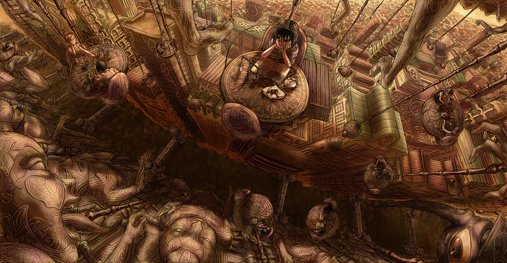 1girl, asano_shiki, bad_id, cityscape, fantasy, original, statue, table