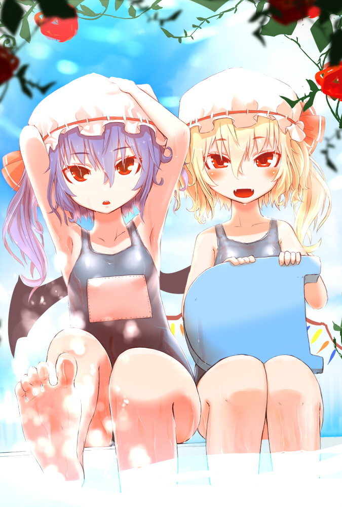 2girls, alternate_costume, armpits, barefoot, bat_wings, blonde_hair, blue_hair, blush
