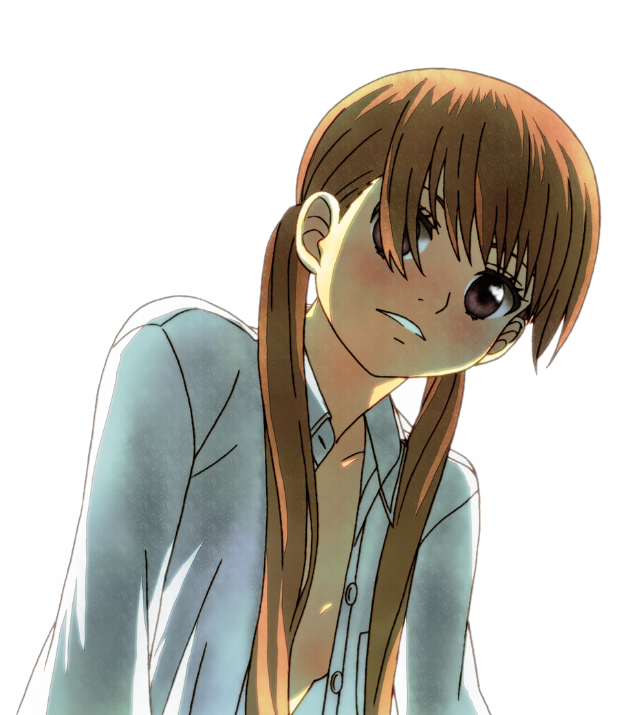 1girl, 27s_(funakoshi), backlighting, bangs, blush, brown_eyes, brown_hair, bust, buttons, hair_over_shoulder, long_hair, looking_at_viewer, low_twintails, mizutani_shizuku, no_bra, open_clothes, open_shirt, parted_lips, shirt, simple_background, solo, tonari_no_kaibutsu-kun, twintails, white_background, white_shirt