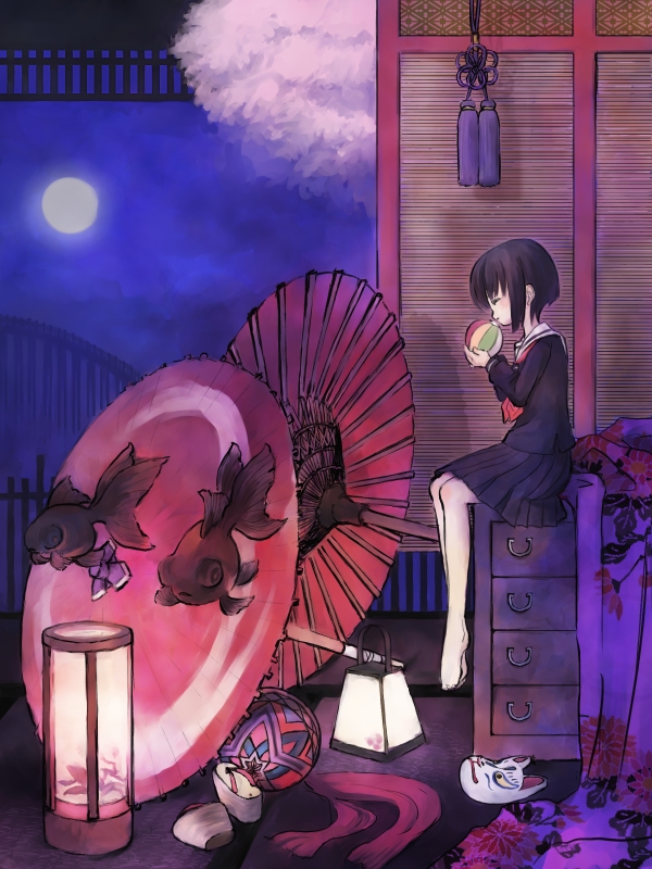 1girl, 27s_(funakoshi), barefoot, brown_hair, fish, full_moon, geta, lantern
