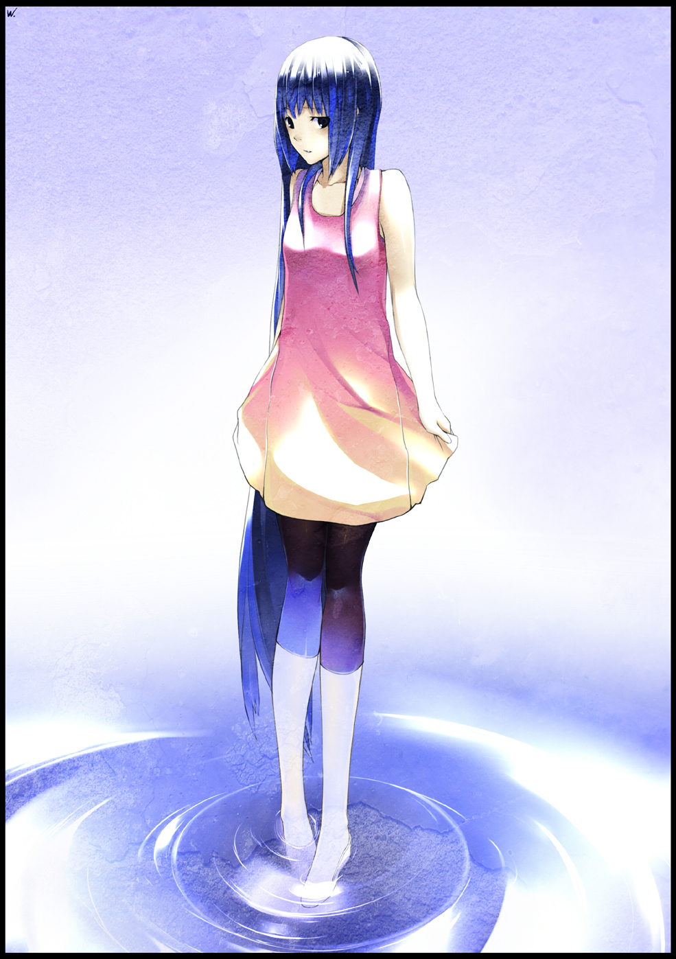 blue_hair, casual, dress, highres, long_hair, original, solo, very_long_hair
