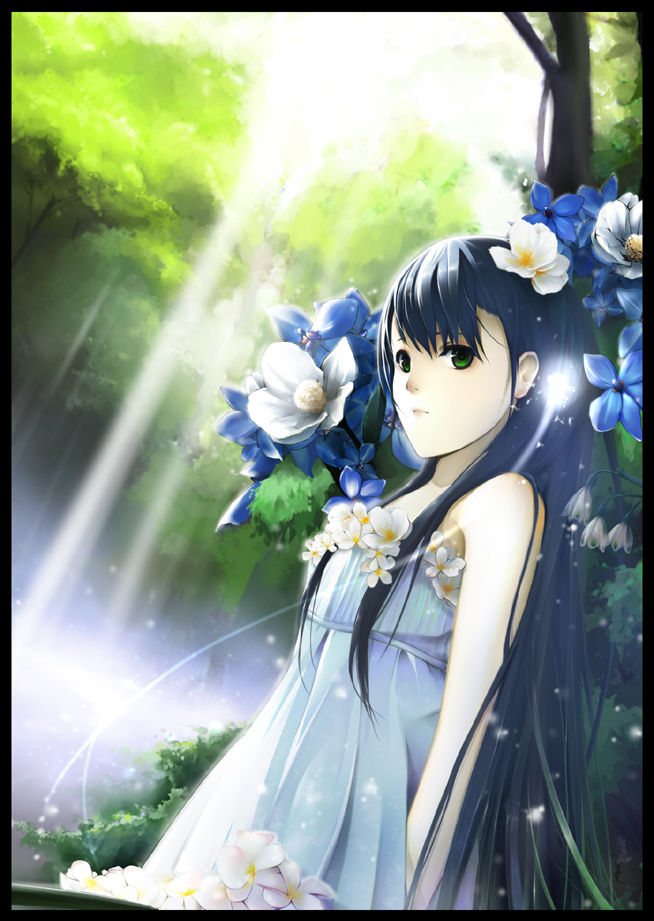 dress, flower, forest, green_eyes, long_hair, nature, original, silver_hair