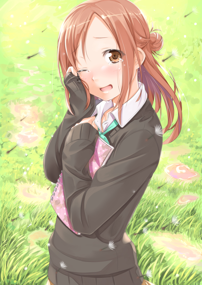 1girl, blush, brown_eyes, brown_hair, crying, d;, dandelion_seed, fujimiya_kaori